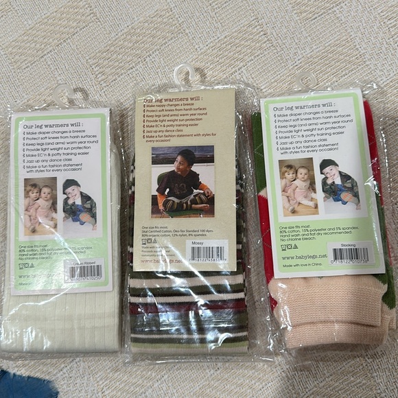 BABYLEGS Leg Warmers neutral cream ribbed mossy green striped stocking plaid OS - Picture 3 of 6